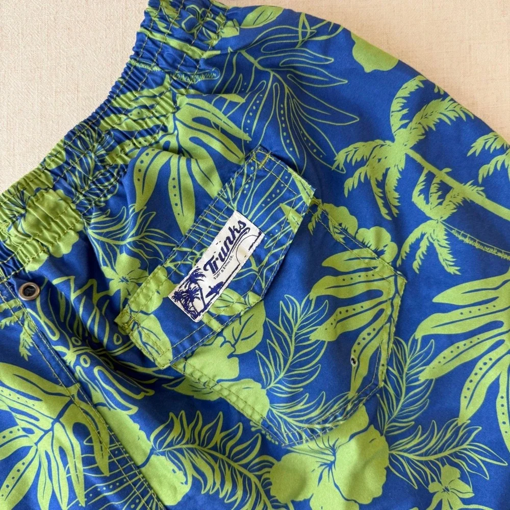 Trunks Surf & Swim Co Mens Large Blue Green Floral Tropical Hibiscus Swim Trunks